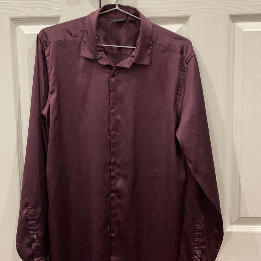 Maroon satin like button down shirt